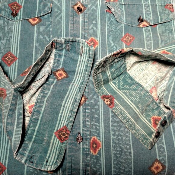 Frontier Series Western Shirt Small Teal Southwest Geometric Button Down READ - Picture 12 of 15